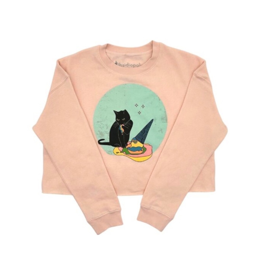Meow Wolf Obsidiopolis-Harriet the Cat Ice Cream cropped sweatshirt, peach Small